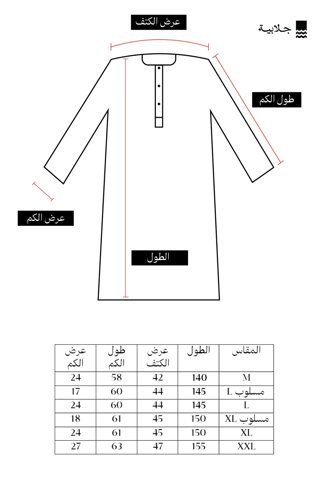 جدول مقاسات الثوب يربط المقاس بالأرقام (الطول وعرض الكتف وطول الكم).